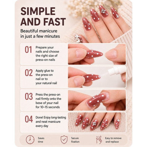Dusty‑Red Almond Press‑On Nails, Luxury False Nails with White Polka Dots, Metal Flowers & Big Rhinestones